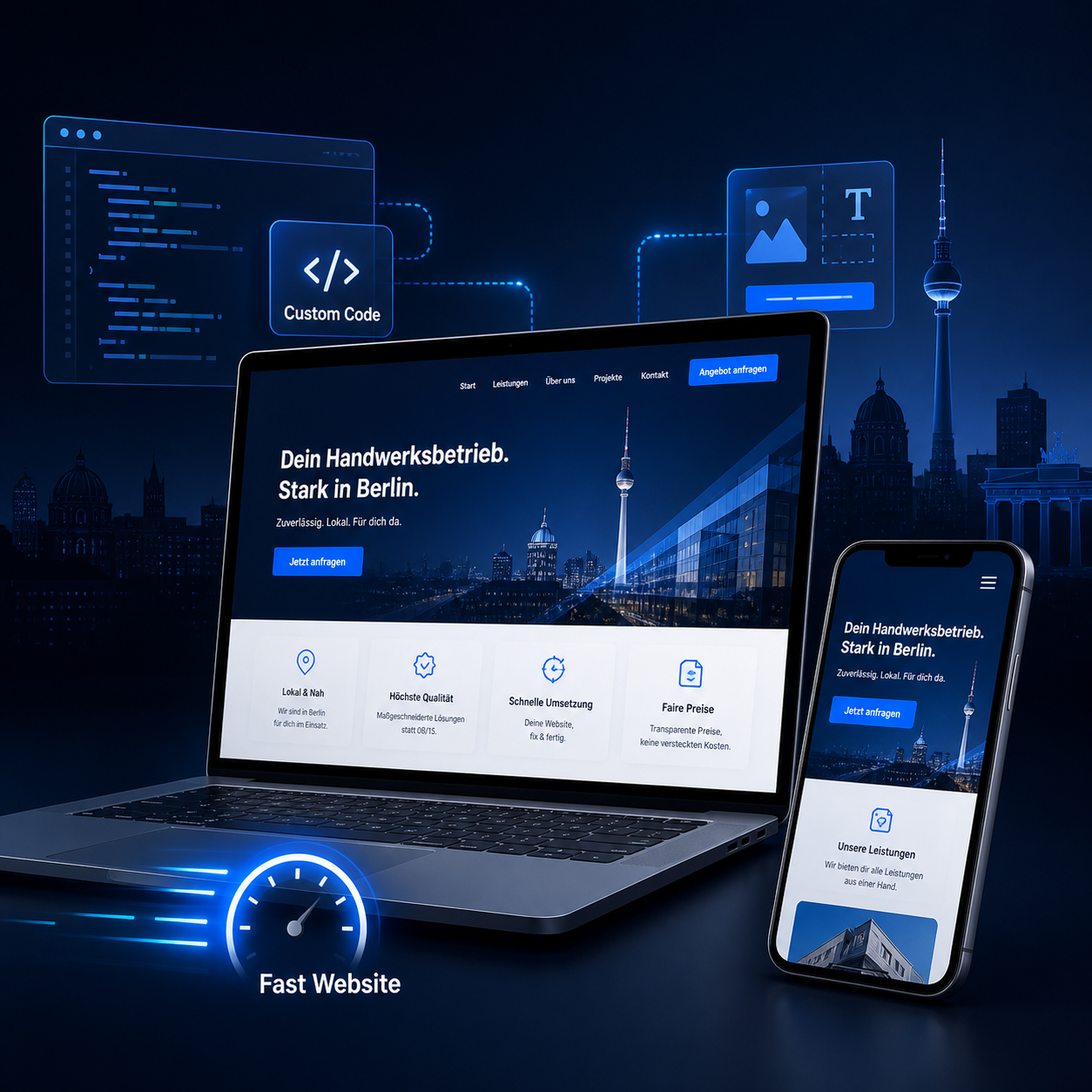 Modernes Custom Webdesign Visual mit Laptop, Smartphone und Berliner Skyline