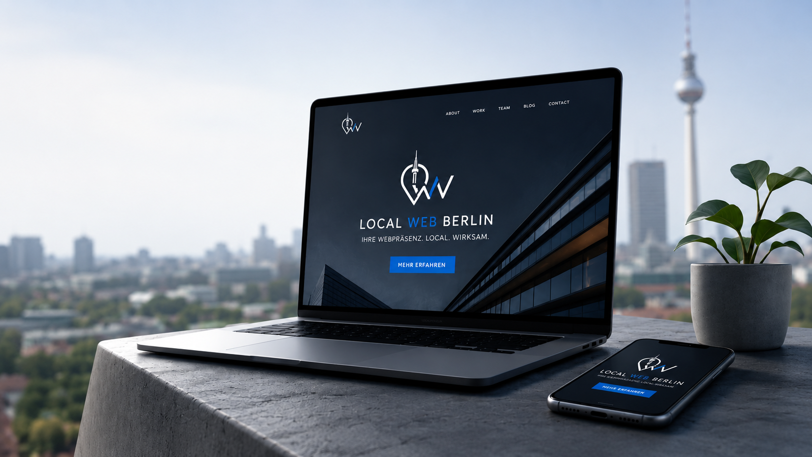 Laptop und Smartphone mit berlinweblocal.de Website vor Berliner Skyline