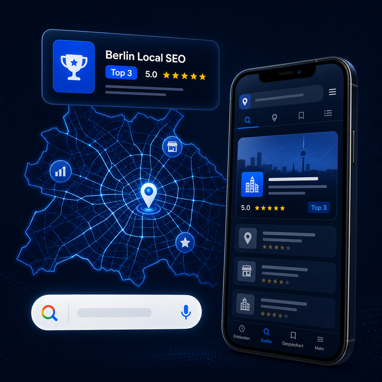Modernes Local SEO Visual mit Berlin-Karte, Smartphone und Top-3-Ranking